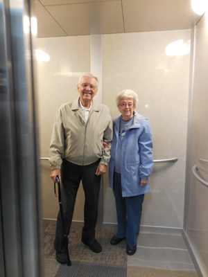 Dr. Robert and Janet Starr of Viroqua taking the first elevator ride