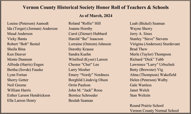 Vernon County Historical Society Honor Roll of Teachers and Schools