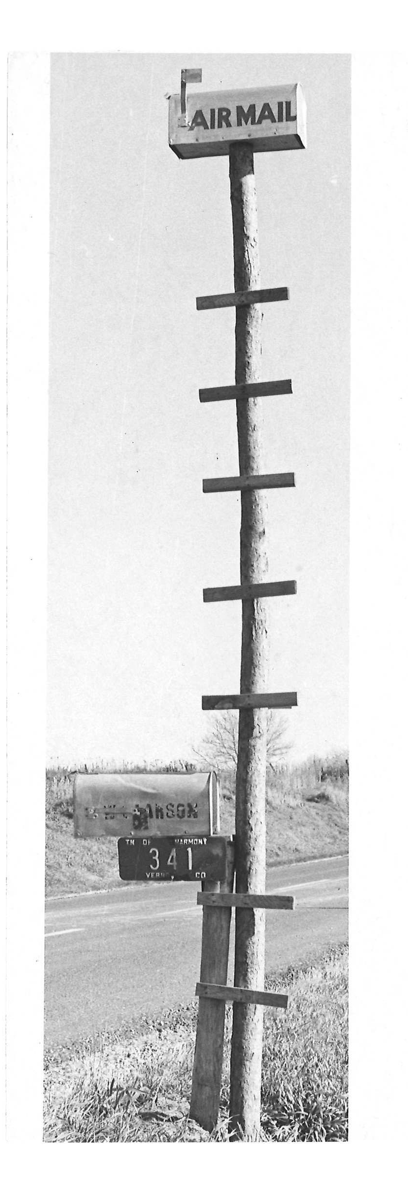 Mailbox on a tall pole with 'AIRMAIL' written on the side.